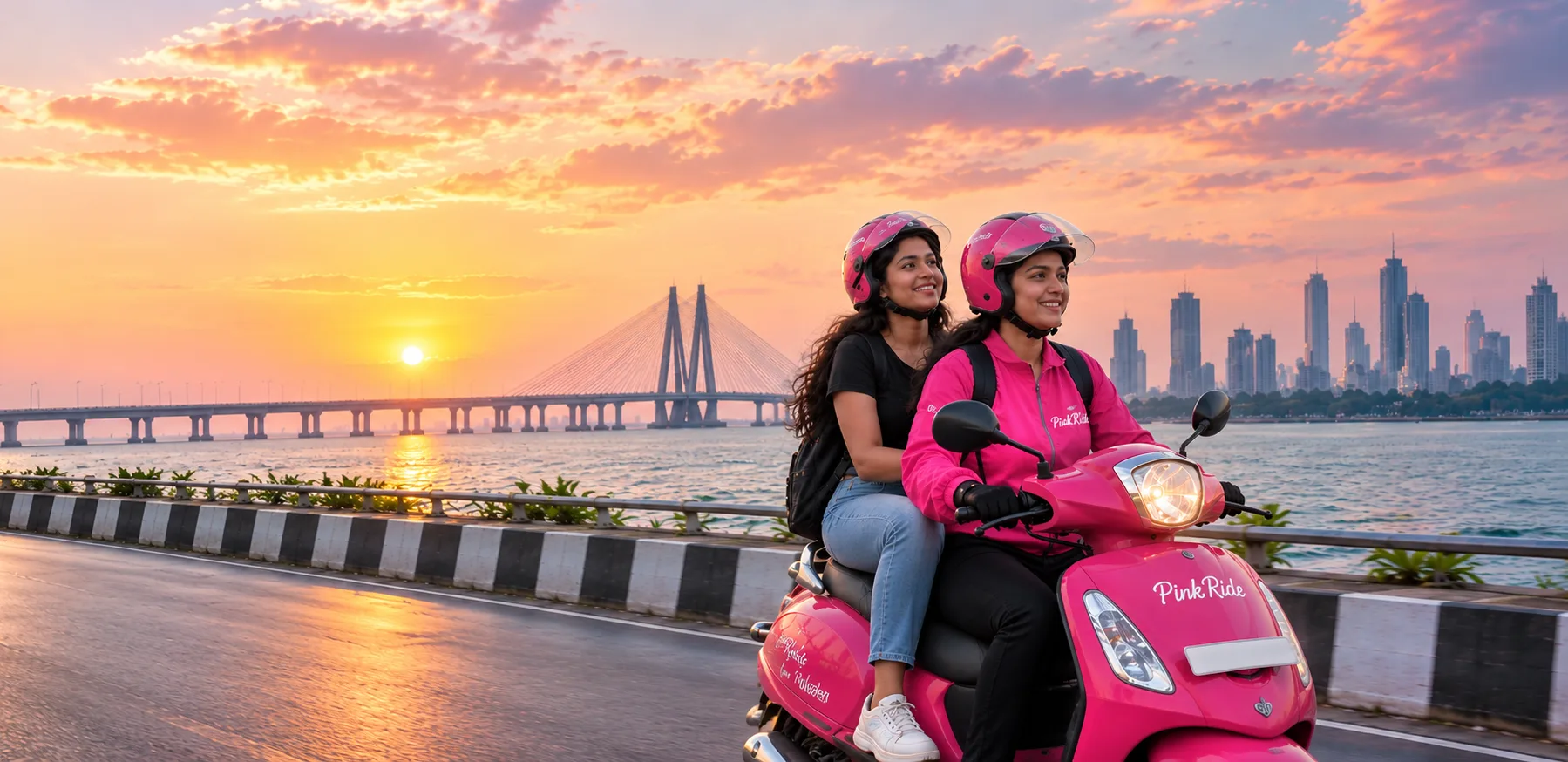 Two women riding a pink PinkRide scooter along the Mumbai seafront at sunset, with the Bandra–Worli Sea Link behind them